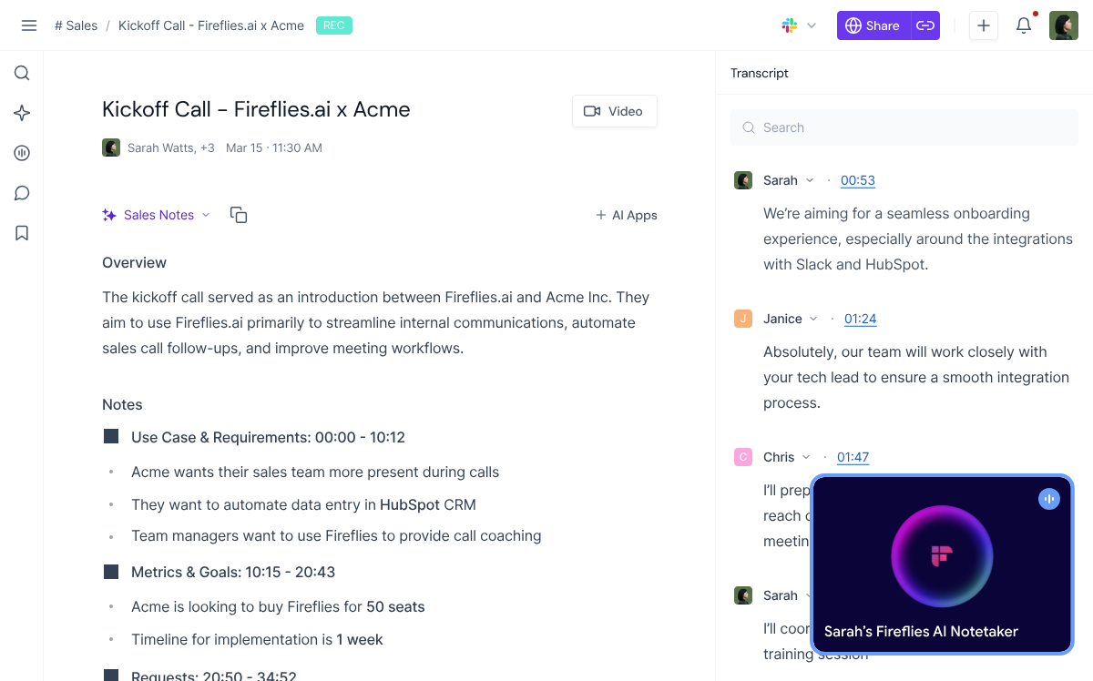 Fireflies.ai meeting interface showing sales notes and transcript