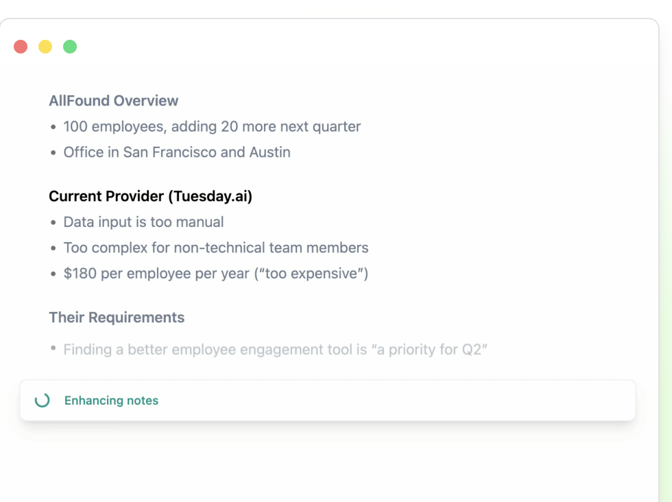 Granola meeting interface with live transcript and recording controls