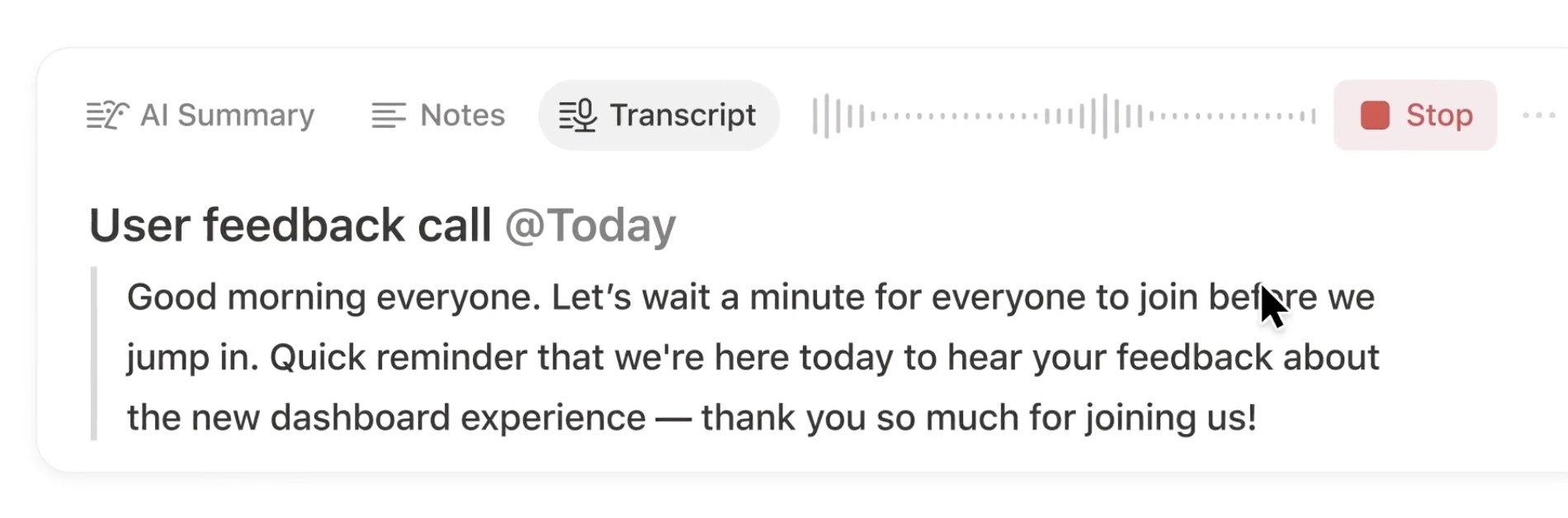 Notion meeting summary interface with company overview and requirements