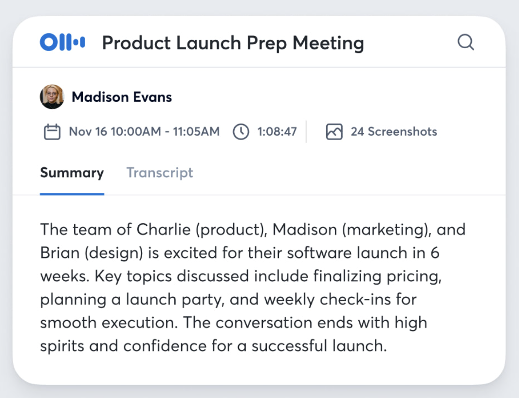 Otter meeting interface with live transcript and recording controls
